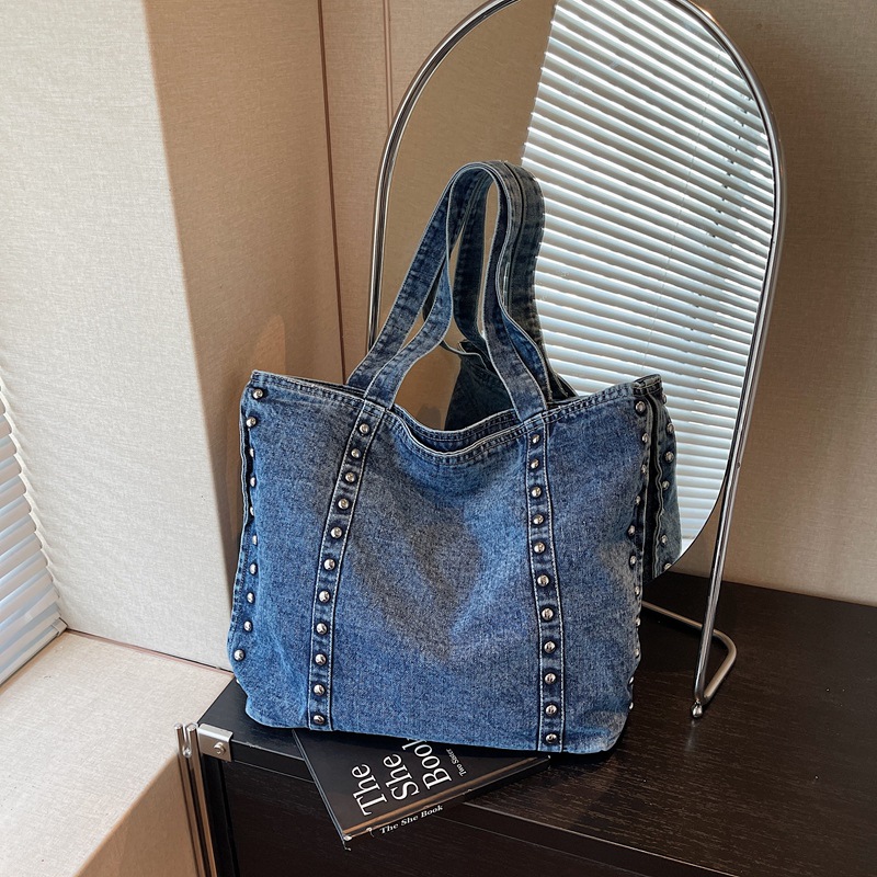Women Bags Jeans - Vintage-Nieten-Design Denim-Schultertaschen für Frauen Einfache Große