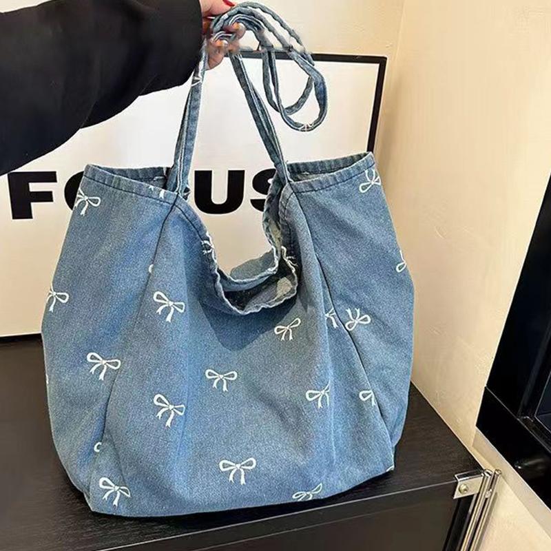 Women Bags Jeans - Damen-Schleifendekor Denim-Canvas-Tragetasche Große Kapazität Einzel-Schultertasche für