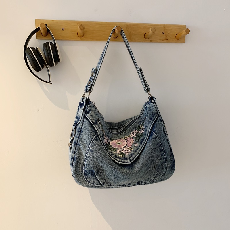Women Bags Jeans - Vintage Denim Umhängetasche mit süßer Blumenstickerei,