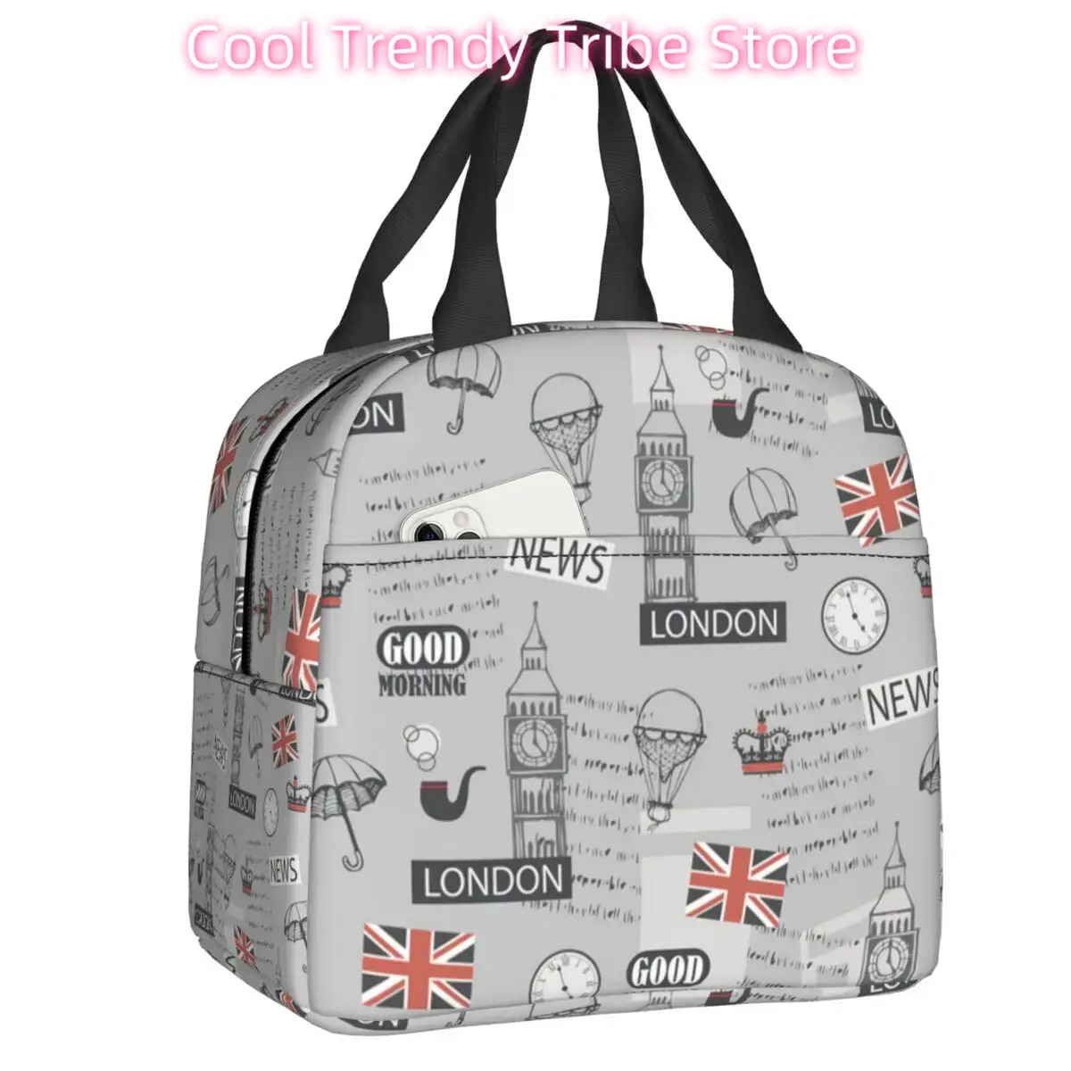 Women Bags Uk - Isolierte Lunchtasche mit Retro-London-British-Muster, Großbritannien, Vereinigtes